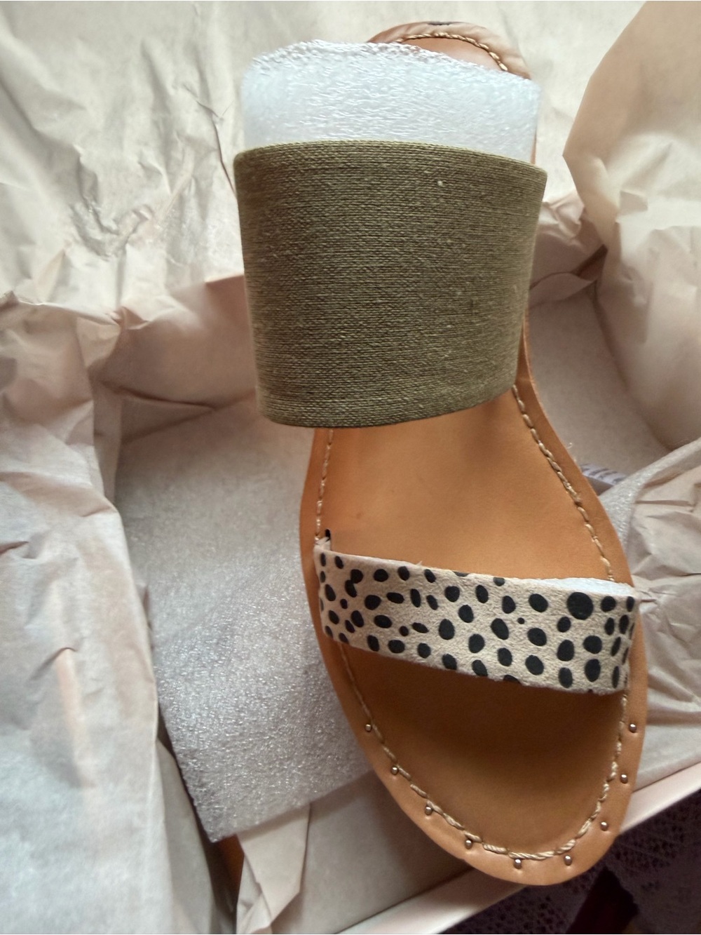 Chinese Laundry Olive Block Heel Sandal with Black-Spotted Cream Strap